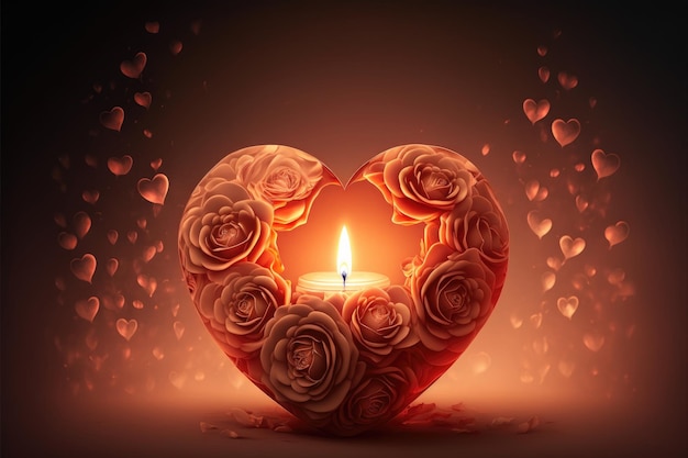 Nice heart with a lit candle in the middle and surrounded by flowers Warm light Valentines Day card Generative AI