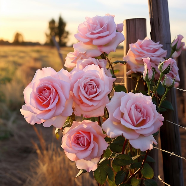 Nice light pink rose fence flower picture Generative AI