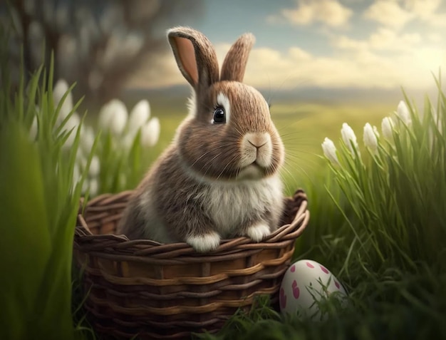 A nice little rabbit sits in a basket in a green meadow a painted Easter egg lies nearby