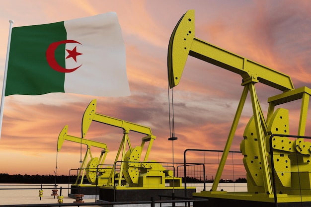 Nice pumpjack oil extraction and cloudy sky in sunset with the Algeria flag.