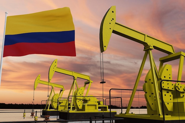 Nice pumpjack oil extraction and cloudy sky in sunset with the Colombia flag.