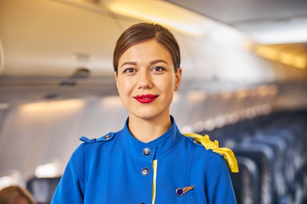 Nice stewardess looking with a smile at camera