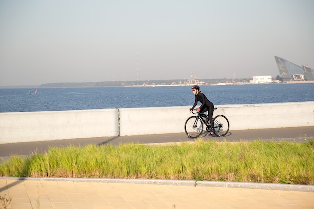 Nice view of the cyclist on the embankment