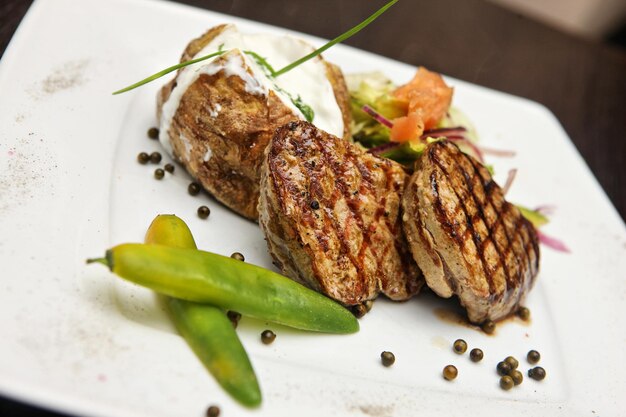 Nice well done steak with potato and some pepper