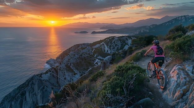 Photo nice woman riding her electric mountain bike during sunset on the coastline