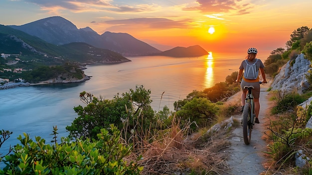 Photo nice woman riding her electric mountain bike during sunset on the coastline