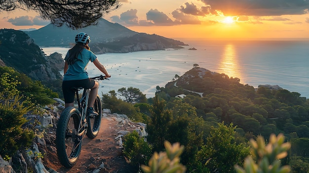 Photo nice woman riding her electric mountain bike during sunset on the coastline