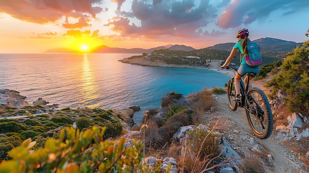 Photo nice woman riding her electric mountain bike during sunset on the coastline