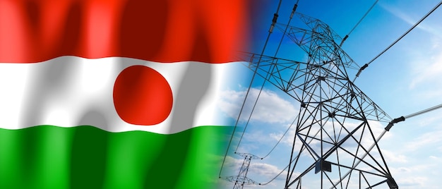 Niger country flag and electricity pylons 3D illustration