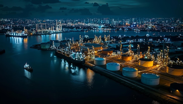 Photo night aerial view of oil terminal in urban skyline petrochemical storage for transport