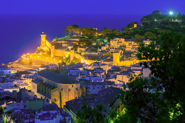 Night aerial view of tossa de mar on the costa brava catalunya spain