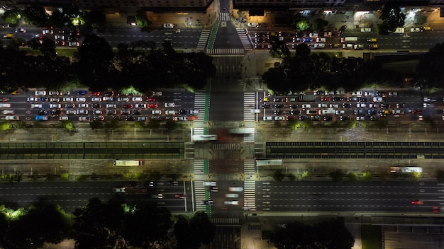 Night aerial view of the traffic on Av 9 de Julio in the city of Buenos Aires