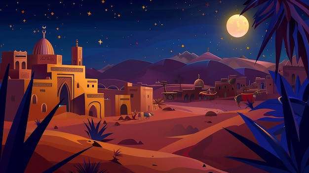 Night ancient Arab city in desert cartoon landscape background