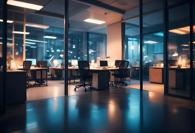 At night beautiful Abstract blurred office interior room blurry working space with defocused effect