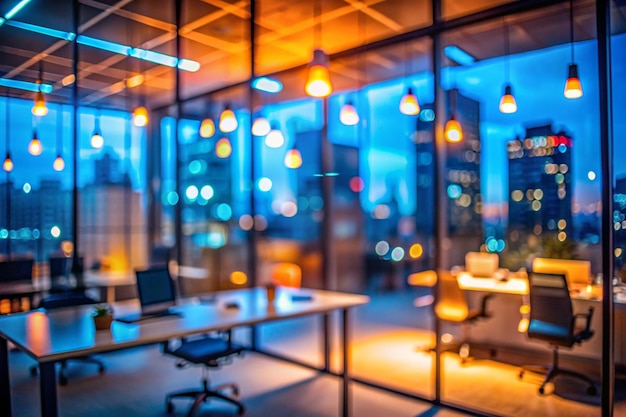 At night beautiful Abstract blurred office interior room blurry working space with defocused effect