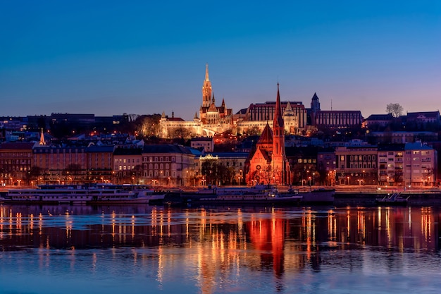 Night Budapest, Fisherman's Bastion, reflection of night lights on the water, cityscape