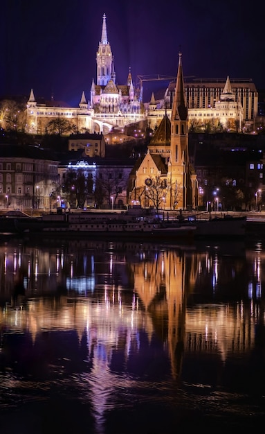 Night Budapest, Fisherman's Bastion, the reflection of night lights on the water