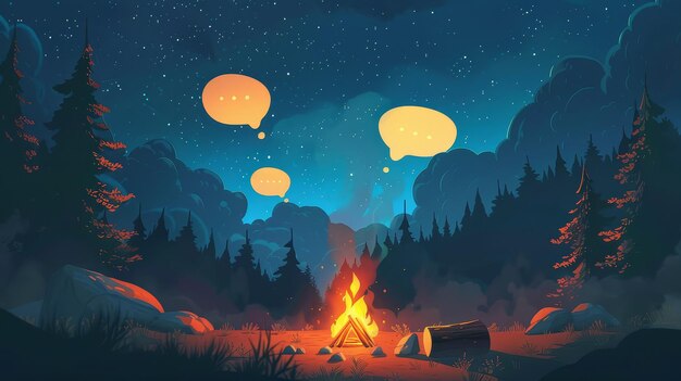 Night Campfire Under the Stars with Thought Bubbles A digital illustration of a campfire in a forest at night with glowing thought bubbles in the starry sky