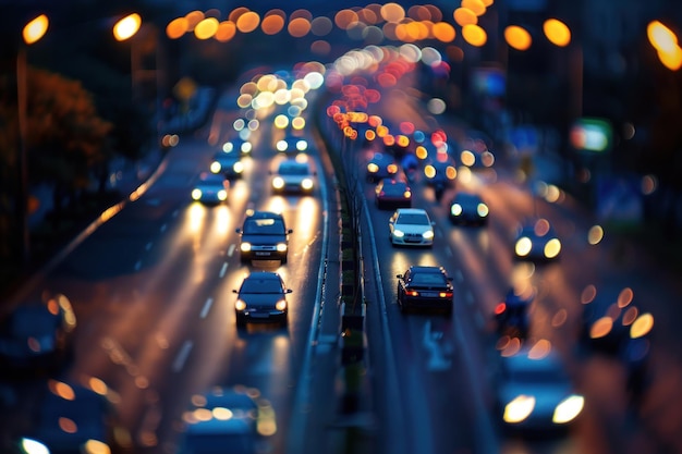 Photo night car road traffic busy city with a tiltshift miniature effect