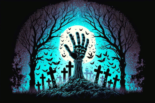 Night cemetery and skull with hands rising out of graves