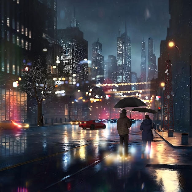 Night city blurred light car traffic people with umbrellas rain drops in rainy Christmas  town