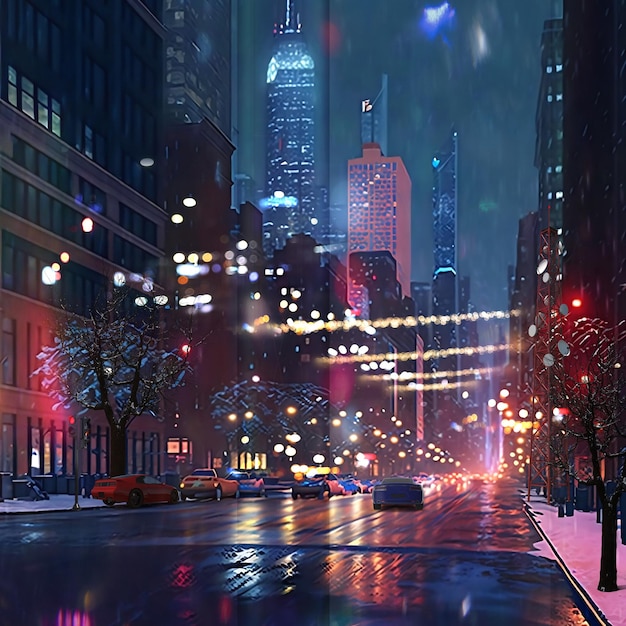 Night city blurred light car traffic people with umbrellas rain drops in rainy Christmas  town