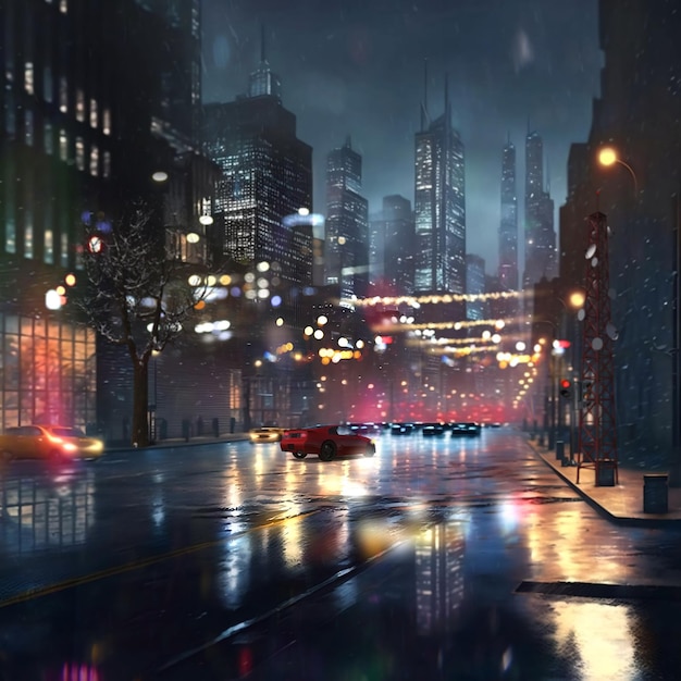 Night city blurred light car traffic people with umbrellas rain drops in rainy Christmas  town