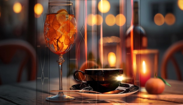 night city ,evening street cafe glass of orange wine , cup of coffee,and candles on wooden table