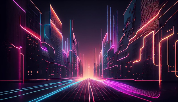 Night city illuminated with neon glowing lights concept Futuristic cityscape in blue and violet colors with skyscrapers highway background Generative AI