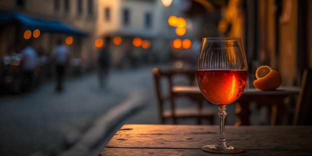 night city life,Sunset city evening street cafe glass of orange wine and candles on wooden table