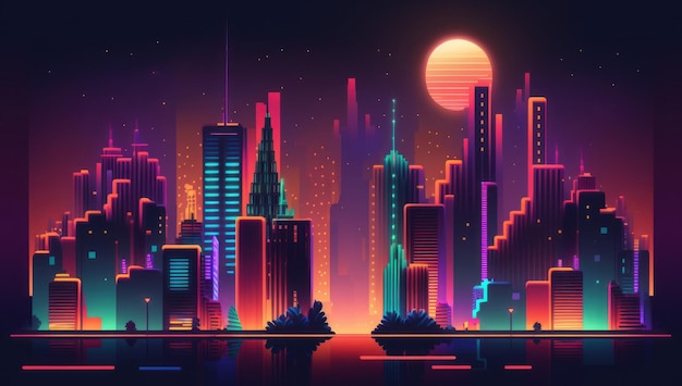 Night city many building illustration with neon glow and vivid colors