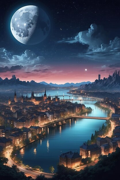 Night city and moon fantastic landscape