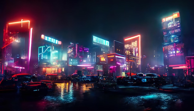 Night city neon lights of the metropolis Reflection of neon lights in the water Modern city with highrise buildings Night street scene city on the ocean 3D illustration