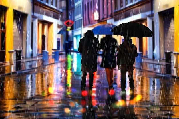 night city rain,  building windows carrs traffic light pedestrian with umbrellas walk urban weather