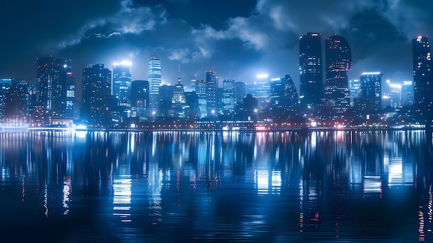 Night city skyline reflecting in the water