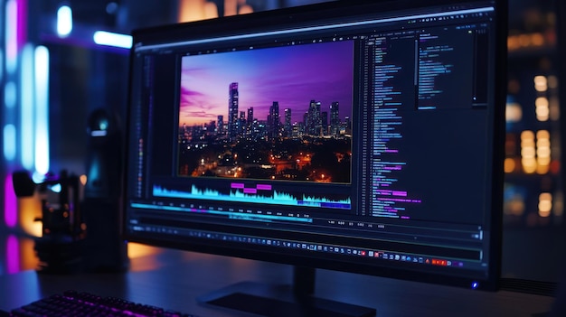 Night City Skyline on a Video Editor Screen