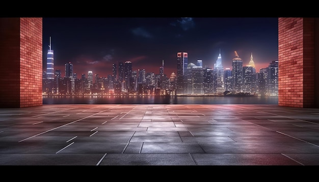 At night city skyline viewed with empty floor in foreground Generative AI