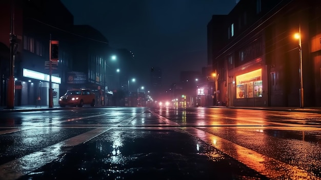 Night city street in a foggy day with wet pavement and cars