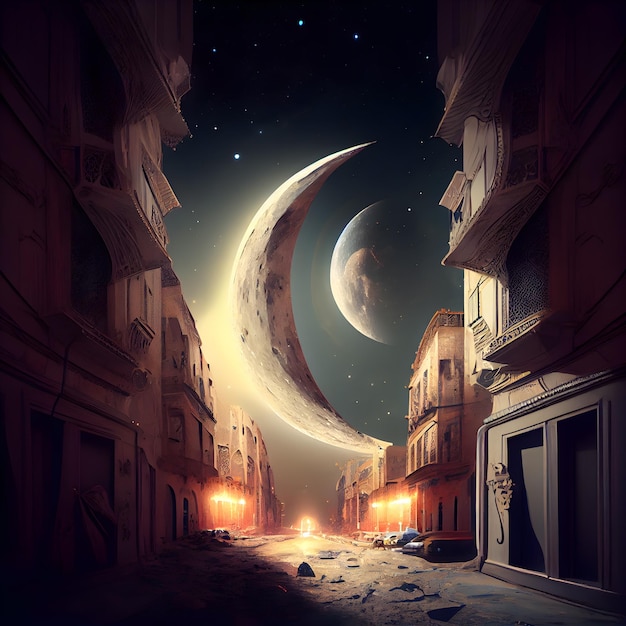 Night city street with moon and stars 3d rendering Computer digital drawing