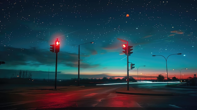 Night city street with traffic lights starry sky and blurred motion of cars Tranquil urban atmosphere at dusk