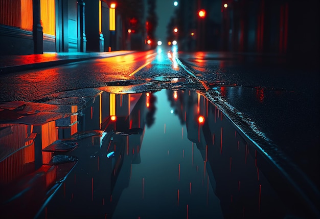 Night city street with wet asphalt and reflections of neon lights 3d rendering generative ai