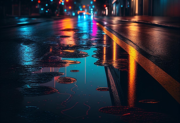 Night city street with wet asphalt and reflections of neon lights 3d rendering generative ai