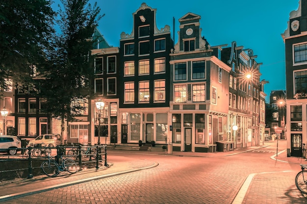 Night city view of Amsterdam houses