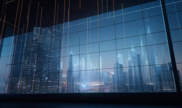 Night city view with neon light skyscrapers from the building with big panoramic window Abstract vertical lines go parallel to the buildings at backdrop Generative AI