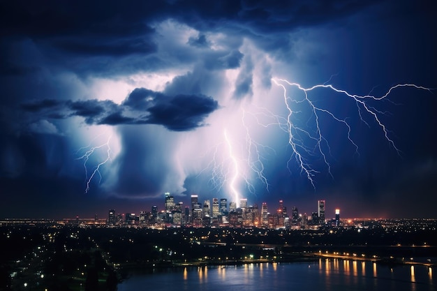 Night city with clouds and lightning