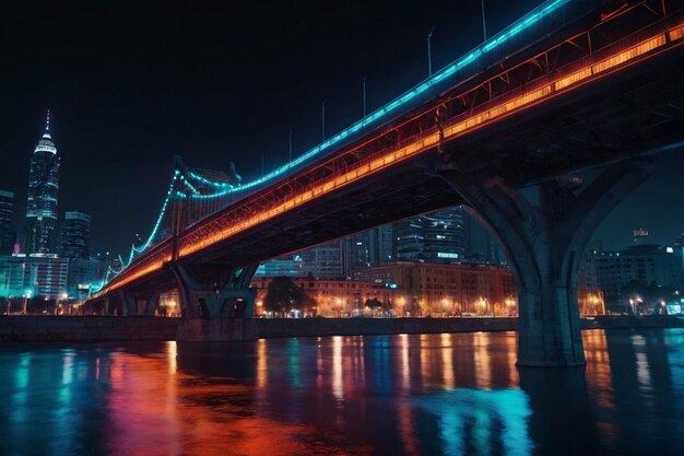 Night city with a glowing bridge over a river