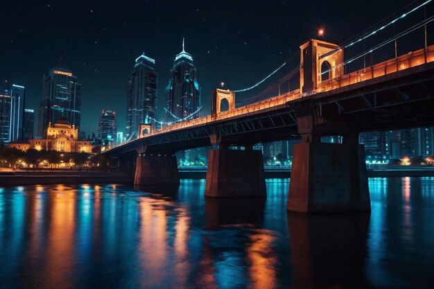 Night city with a glowing bridge over a river