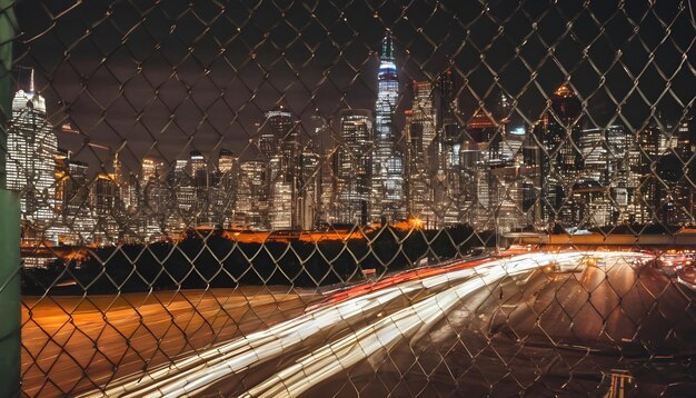 Night cityscape seen through a hole in a chainlink fence with light trails from vehicles