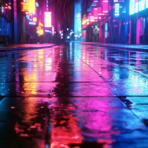 Photo night cityscape with colorful neon lights reflected on wet streets