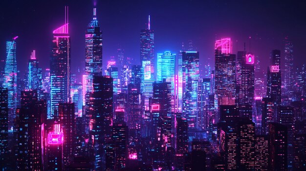 Photo night cityscape with futuristic neon lights in large urban environment